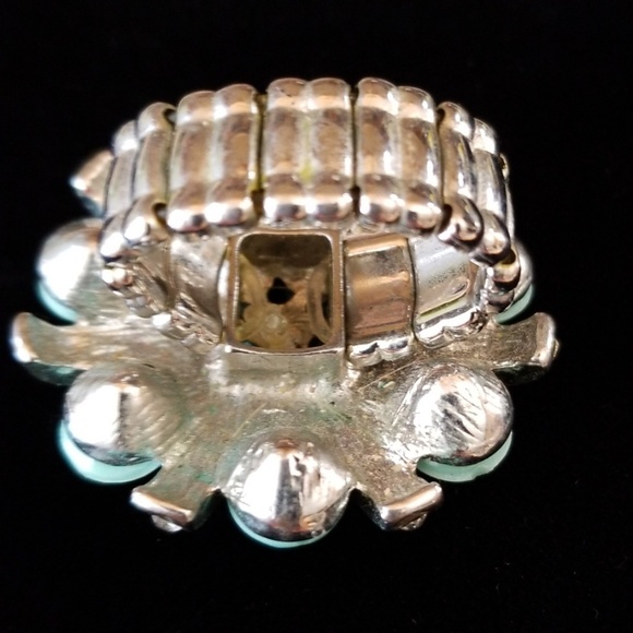 Vintage Aqua Bead and Clear Rhinestone Stretch Ring OS - Picture 4 of 10